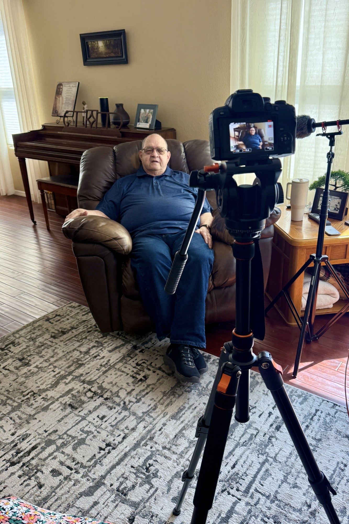 Filming a sit-down interview at home